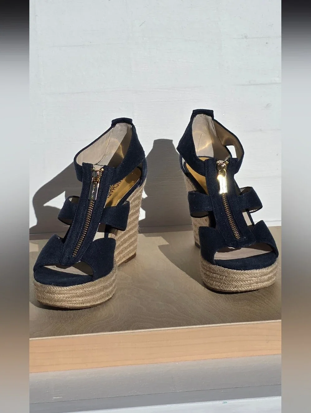 Michael Kors Size 7.5 Navy Fabric Espadrille Wedge Sandals